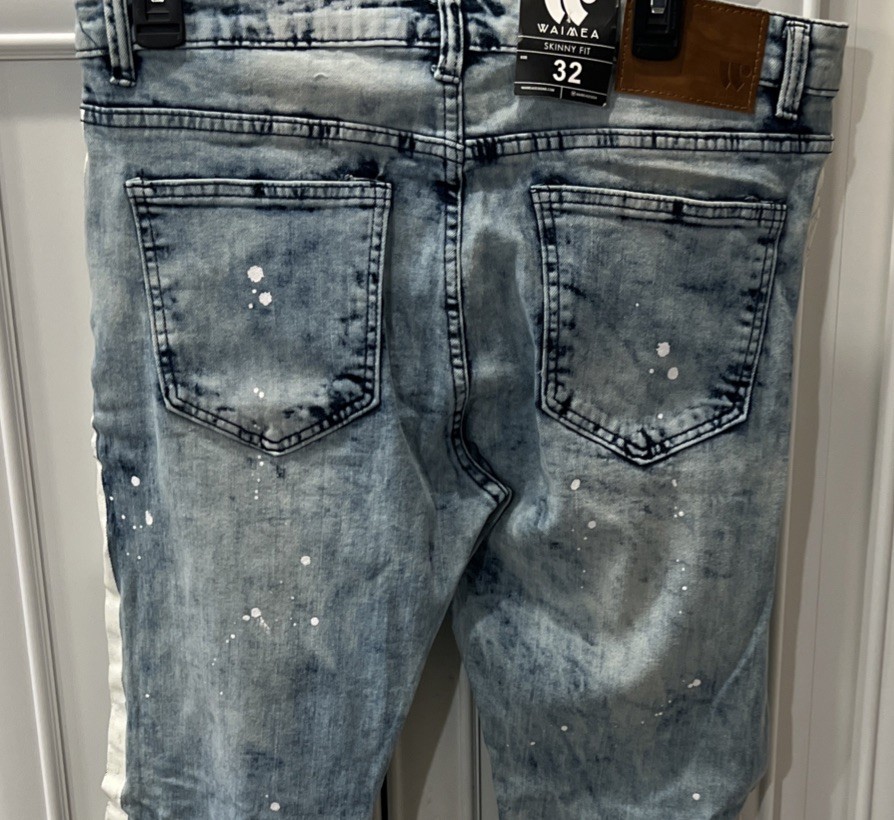 WAIMEA Lt. Blue/White Stripe Distressed Stretch Denim Mens Skinny Fit 32×32 NEW