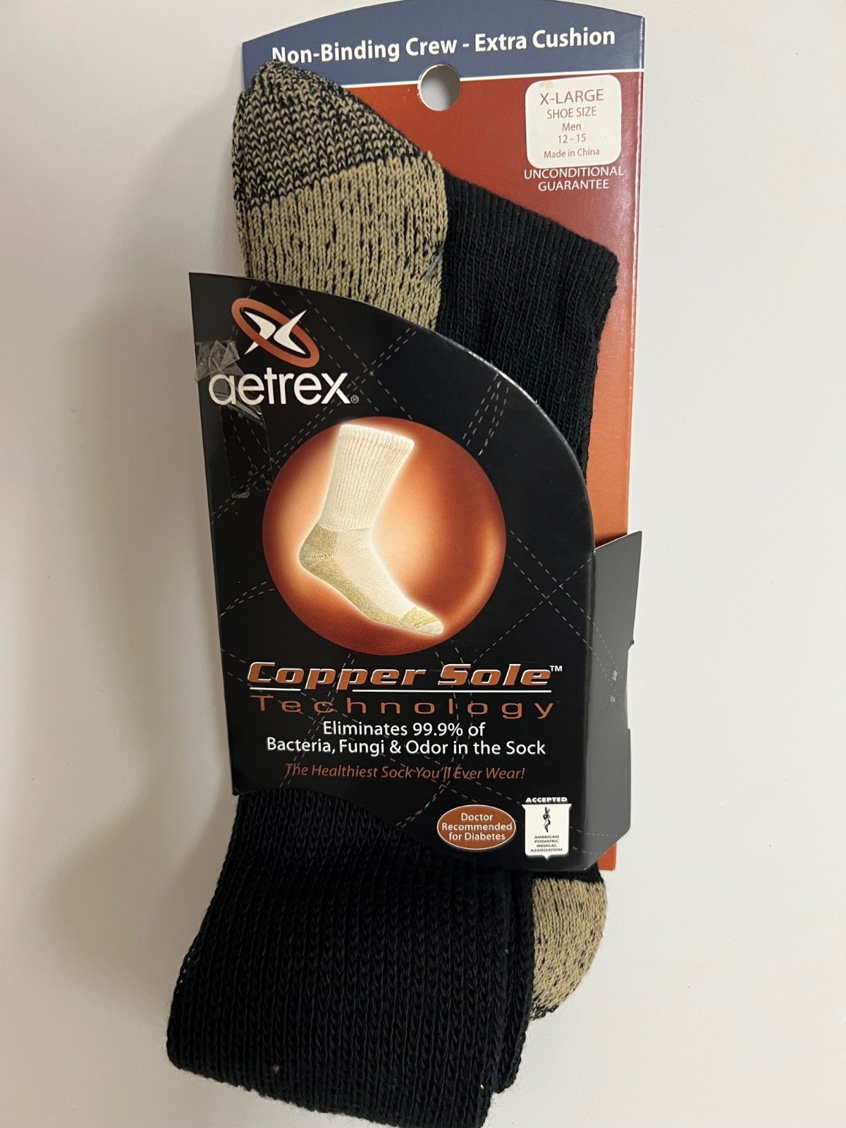 AETREX COPPER SOX-NON-BINDING CREW BLACK-EXTRA CUSHION-X LARGE M 12-15 3PR/PKG