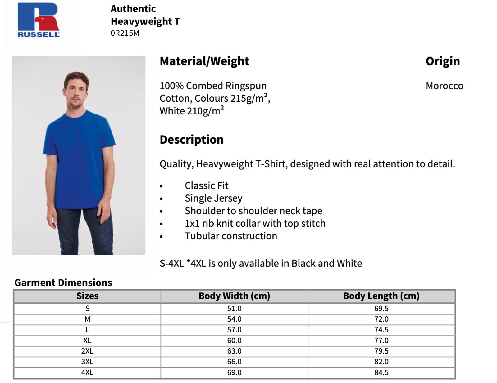 Russell 215 Classic Heavyweight Combed Cotton T-Shirt Tee