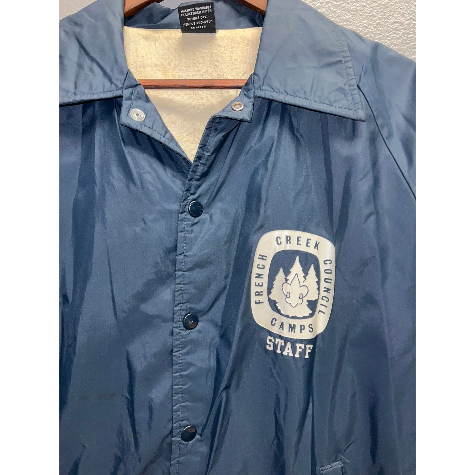 Vintage Sports Master Bomber Jacket Blue Button Up French Creek Camps Staff 80s