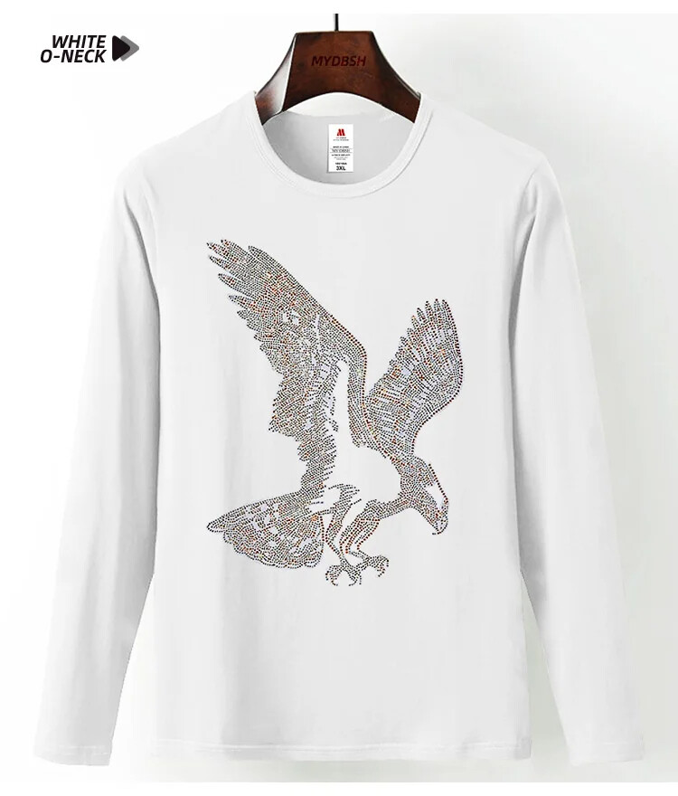 Fashion Trend Eagle Rhinestones Streetwear Long Sleeve Luxury Men V-Neck T-Shirt