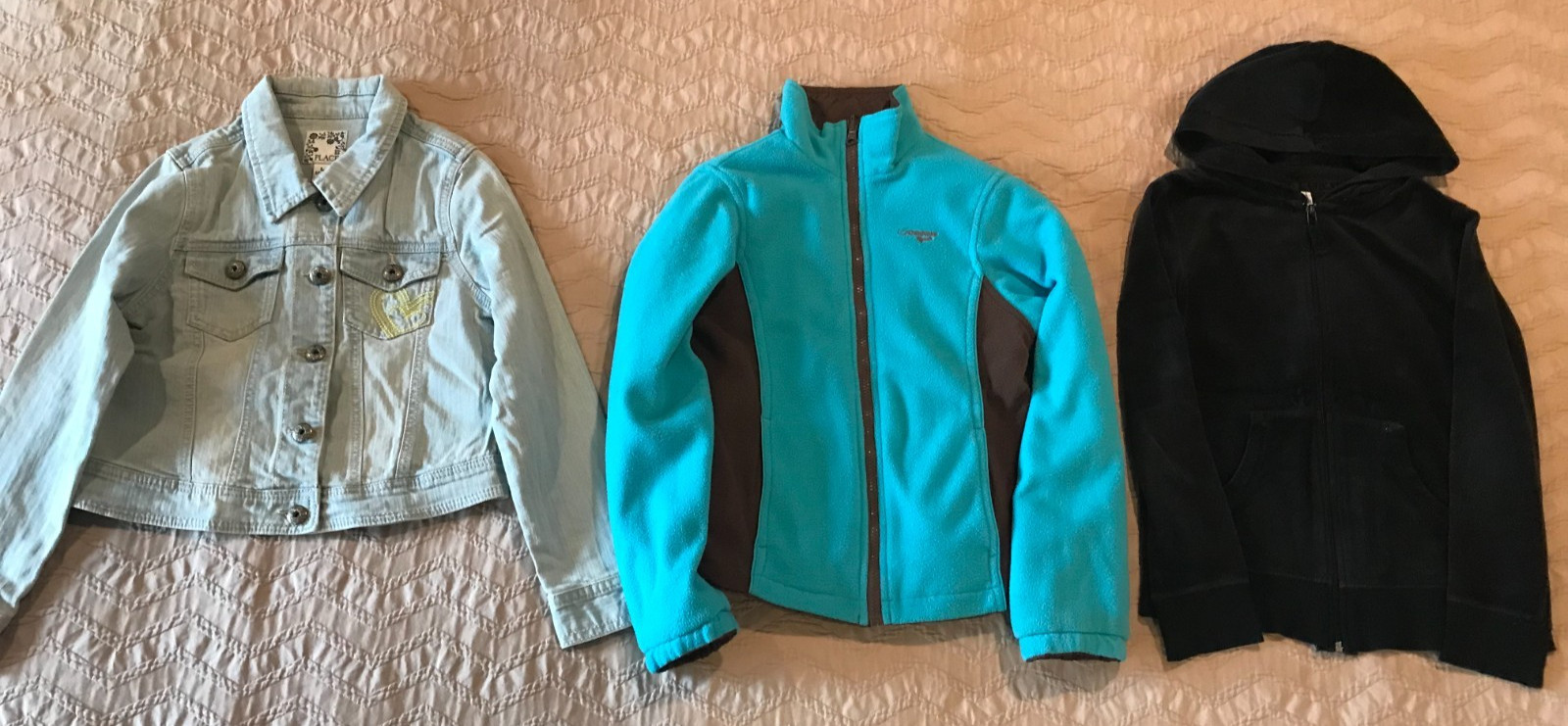 3pc Lot Girls SZ 10/12 Blue Denim Jacket Fleece Double Sided Black Zip Up Hoodie