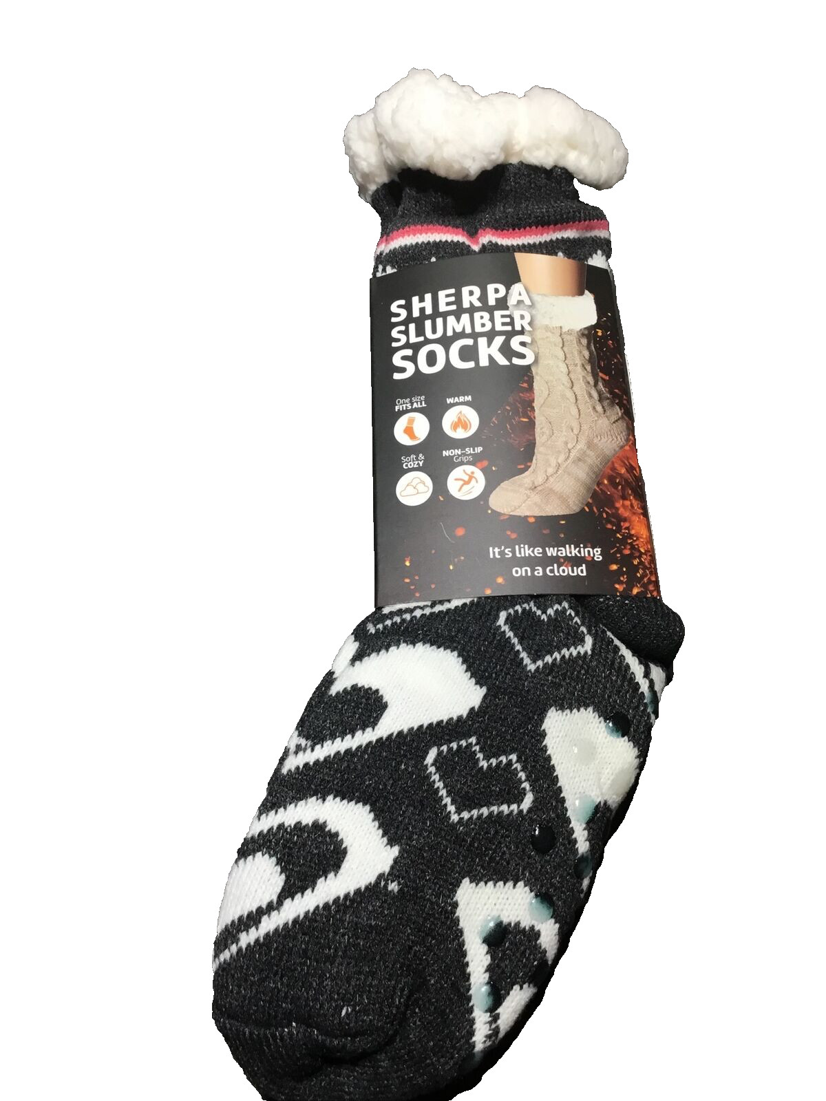 NWT Heat Trendz Sherpa Slumber Socks – One Size Fits All Unisex /black Hearts