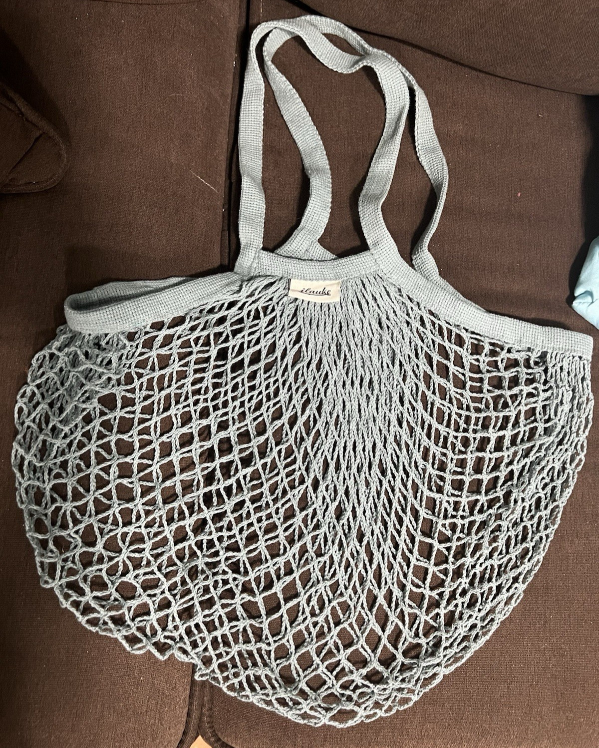 Ilauke Reusable Cotton Knit Mesh Net Tote Bag in Teal color, Lightweight beach.