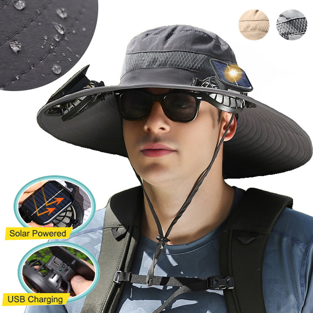 Solar Fan Hat Men Wide Brim Fishing Outdoor Bucket Rechargeable Sun Hat With Fan