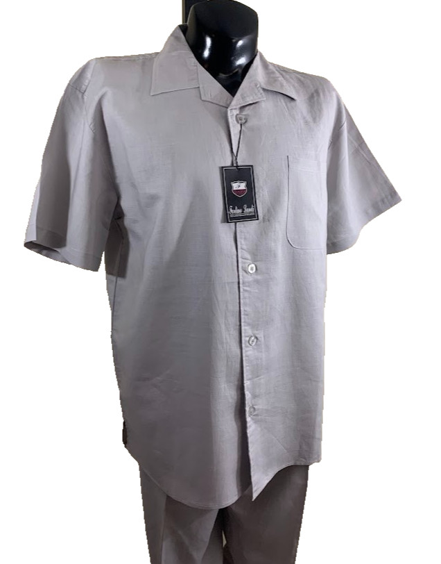Fortino Landi Mens 2pc Walking Suit Linen Shirt Pleated Pants Set Large Gray 36