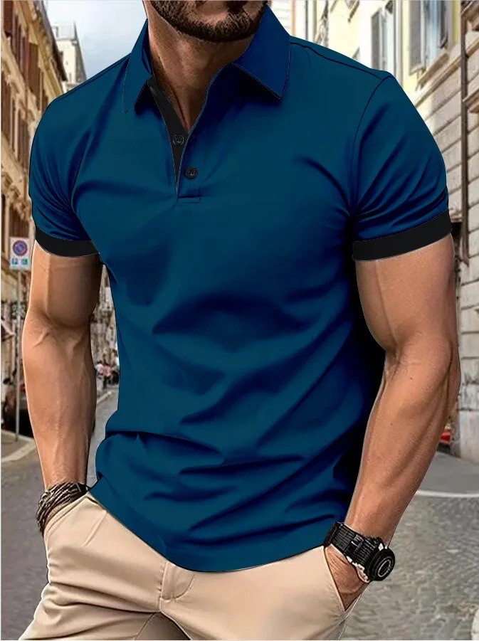 Men’s Contrast Polo Shirt Short Sleeve Casual Fashion Patchwork Top Summer Gym