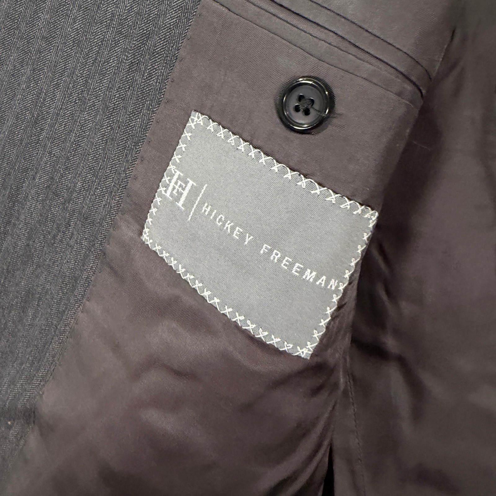 Hickey Freeman Men 40XL Slim Fit Madison Suit Grey Herringbone Wool 34×32 USA