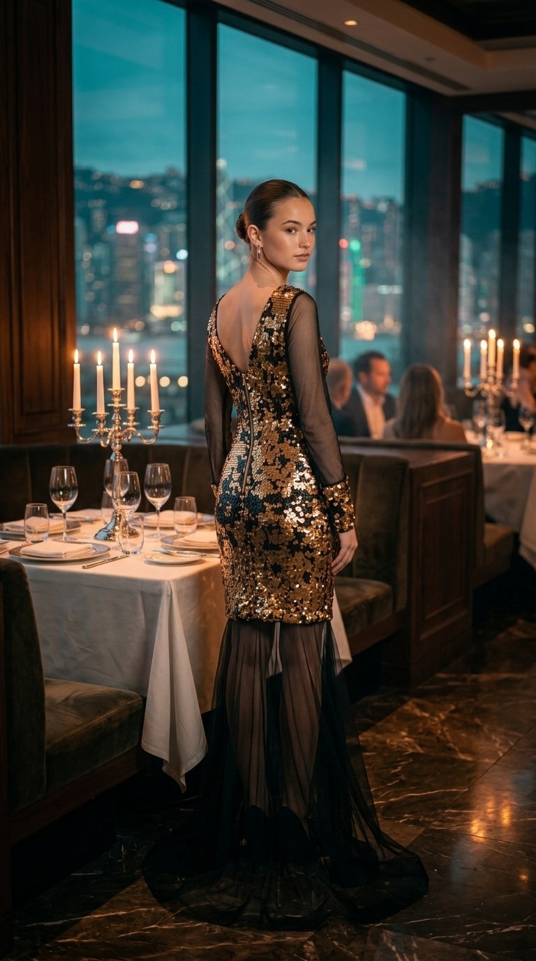 Luxury Gold Black Sequin Evening Gown Sheer Mesh Train Long Sleeve V Neck NWT EU