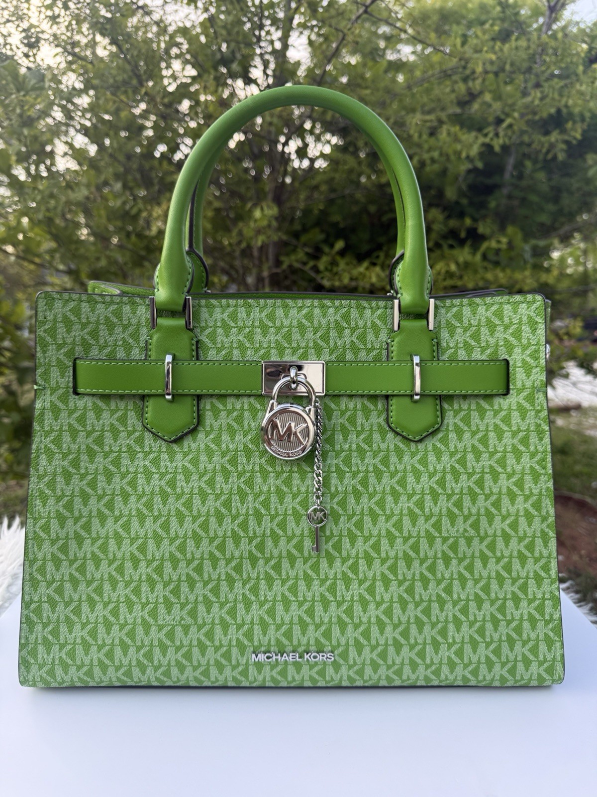 Michael Kors Medium Hamilton Satchel MK Logo Leather Jungle Green Crossbody