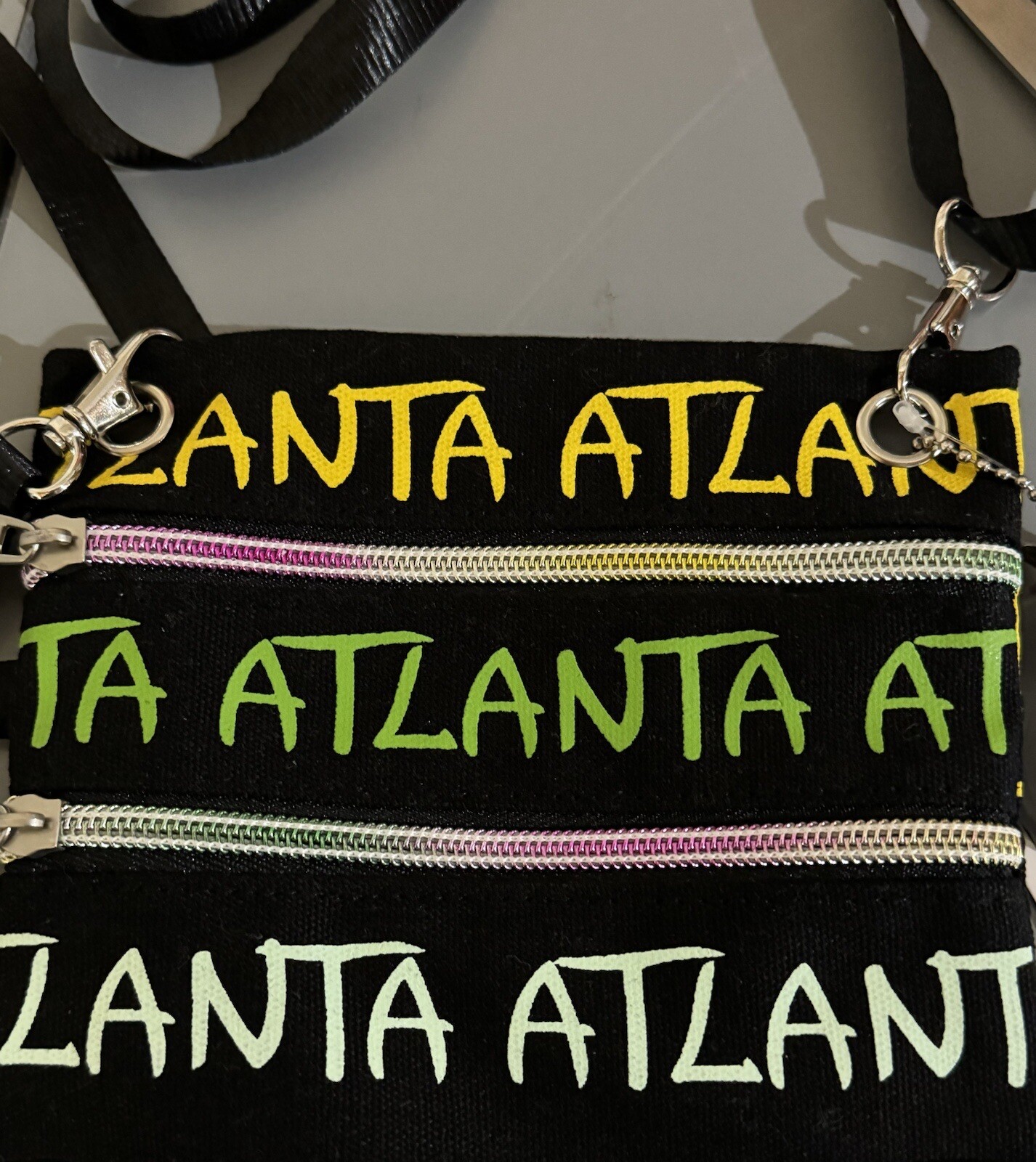 Robin Ruth Atlanta Crossbody Bag Black with Yellow Green Blue Letters NWT