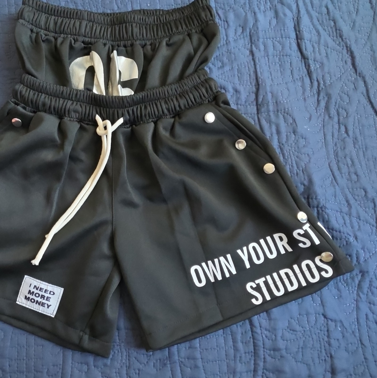 I Need More Money Women’s S Black High Rise Graphic Drawstring Shorts Pockets