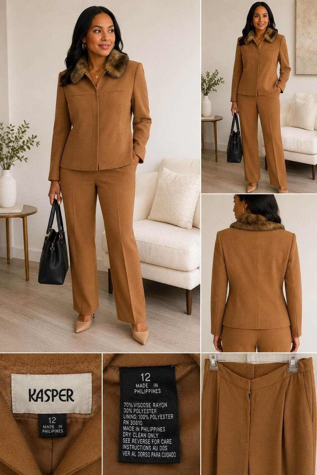 Kasper 2 Pc Pant Suit Women Size 12 Camel Brown Faux Fur Collar Career Pants Set