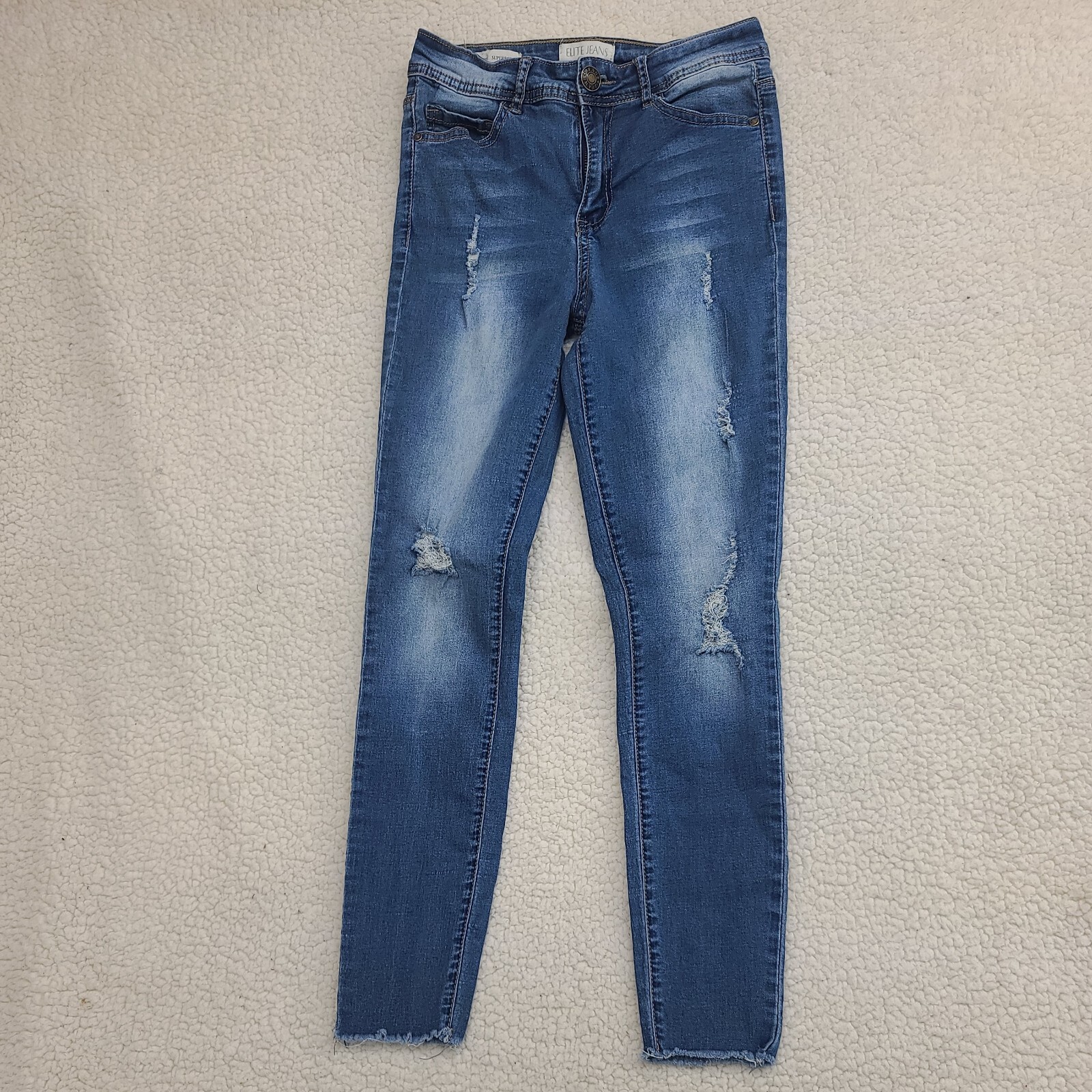 Elite Jeans Womens 3/4 Blue High Rise Super Soft Jeggings Raw Hem Distressed