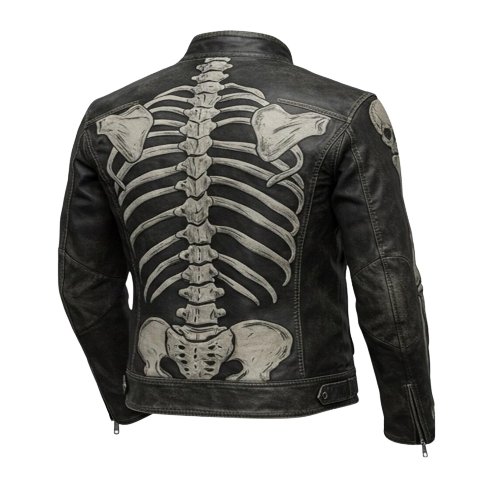 Men’s Distressed Skeleton Leather Biker Jacket Gothic Punk Skull Halloween Rider