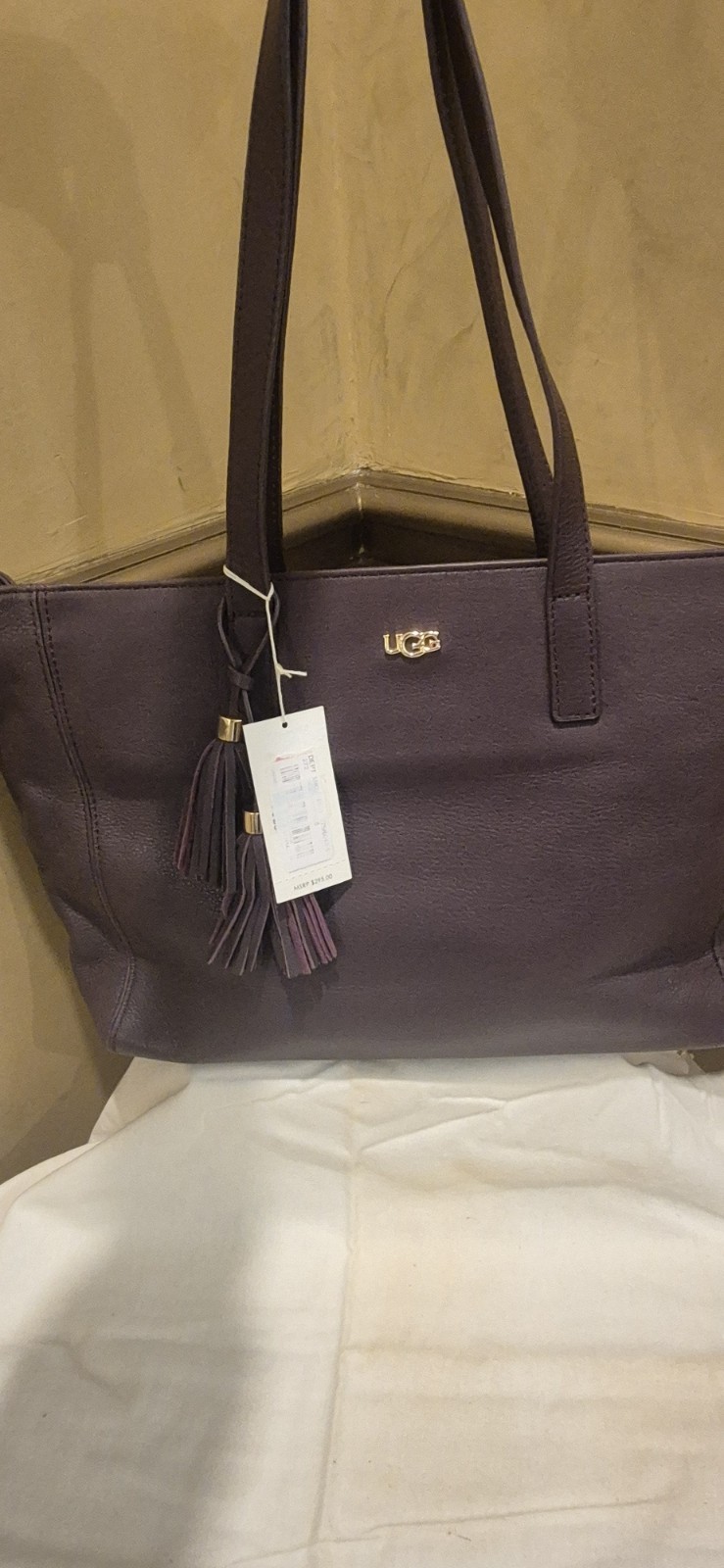 UGG Purple Pebbled Tote Shoulder Bag Zip Top Tassel Charm Gold Hardware Pockets
