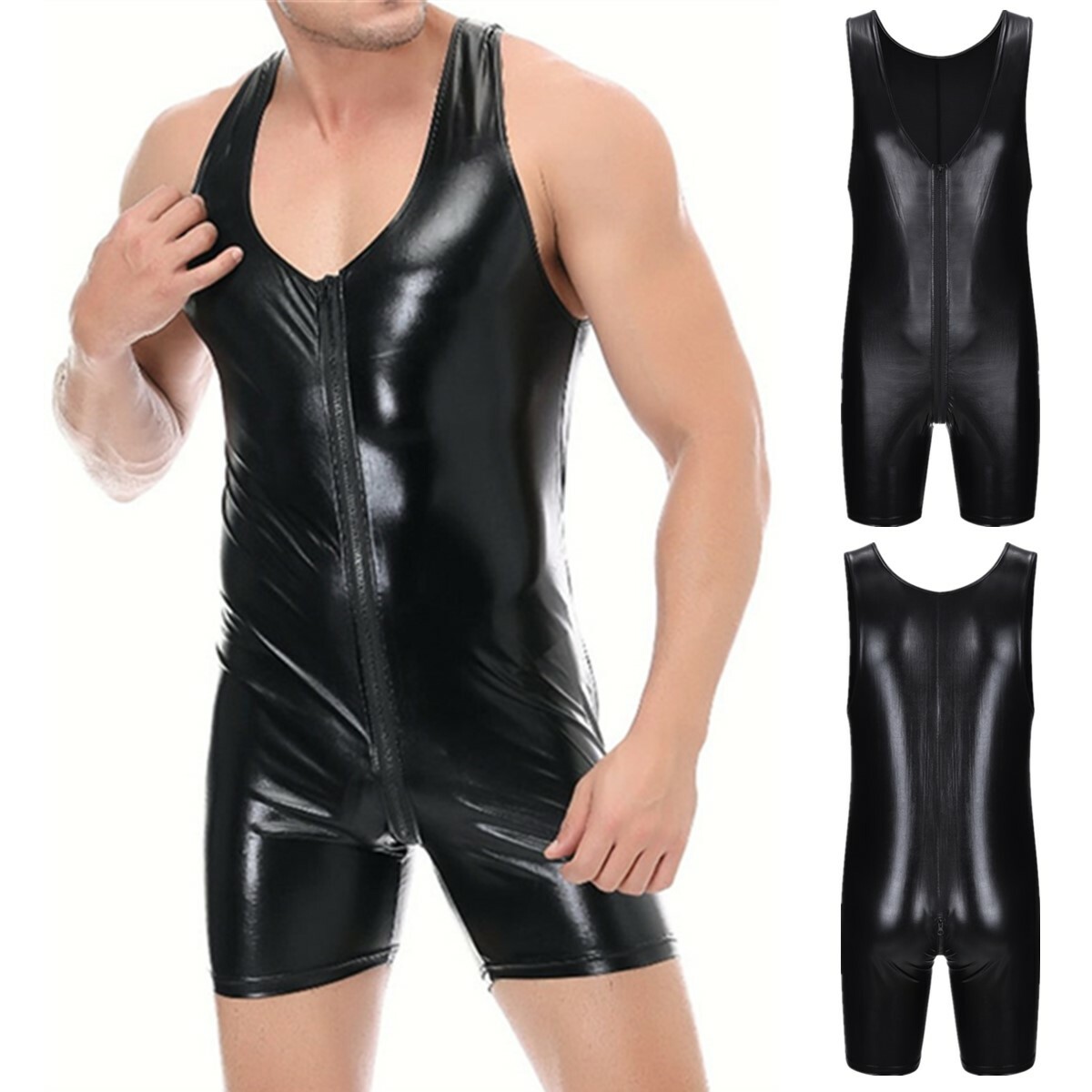 Mens PU Leather Zip Crotch Bodysuit Jumpsuit Wrestling Singlet Leotard Shorts