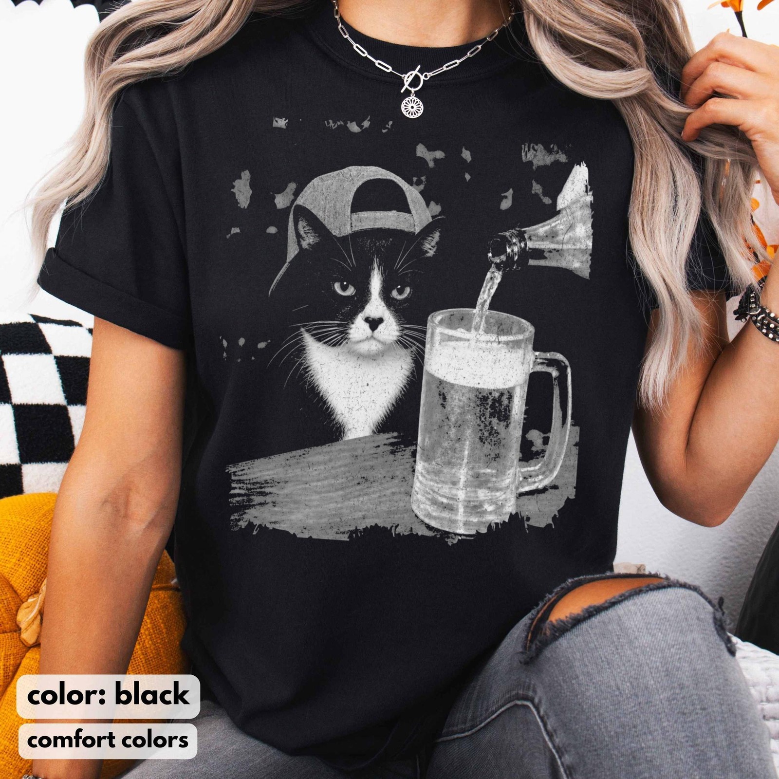Tuxedo Cat Shirt Funny Beer Cat Tee, Cat Dad Unisex T-Shirt