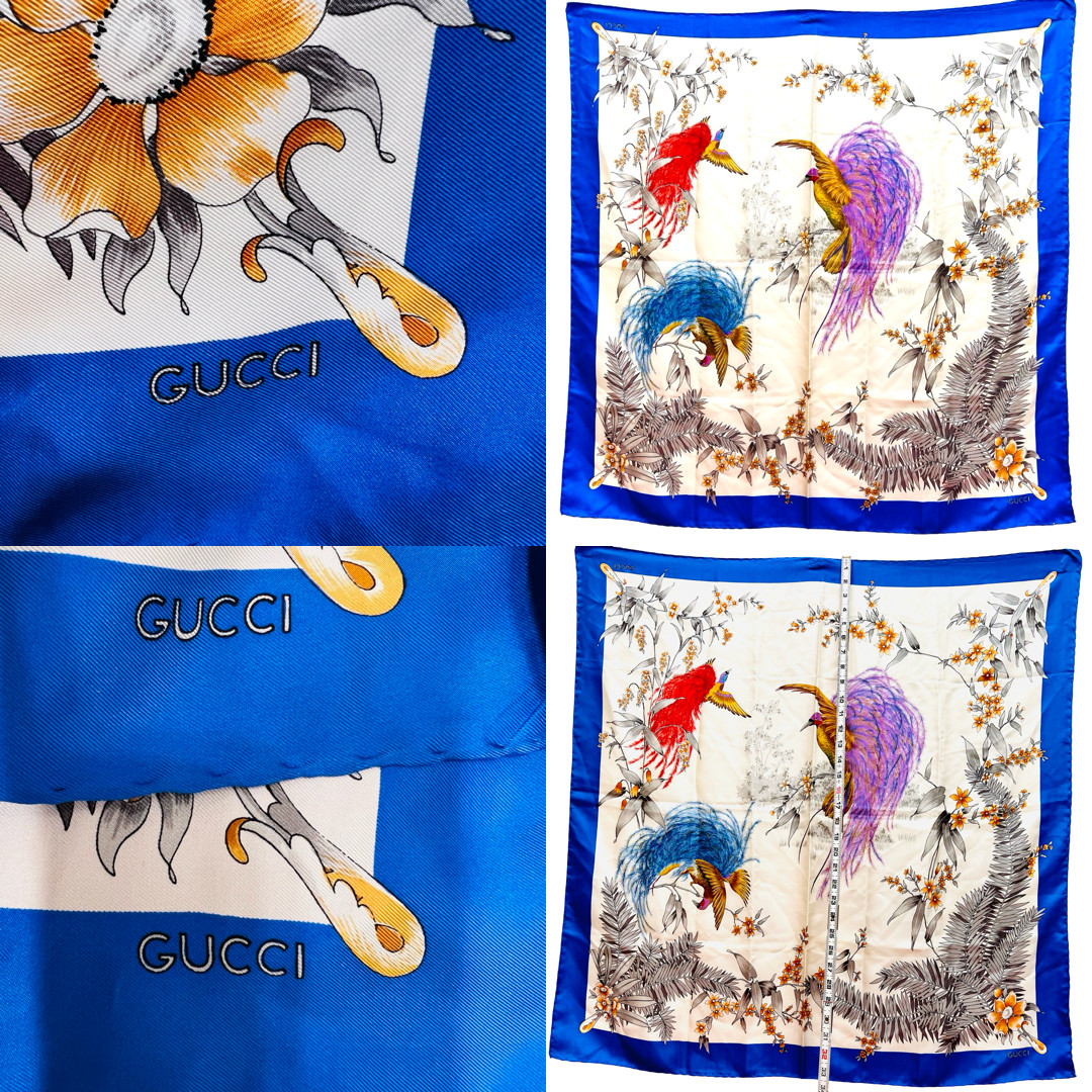 Beautiful Birds Paradise Gucci 100% Silk Satin Scarf 34″ Ivery Blue (45)