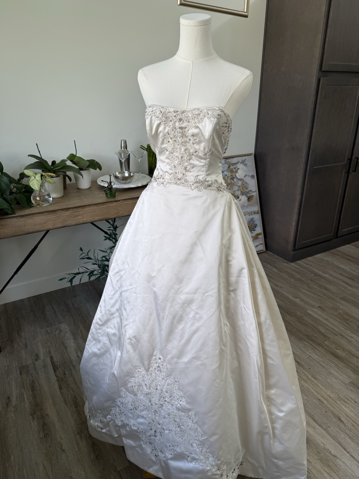 Kenneth Pool Strapless Beaded Satin Ball Gown Wedding Dress Corset Back Train