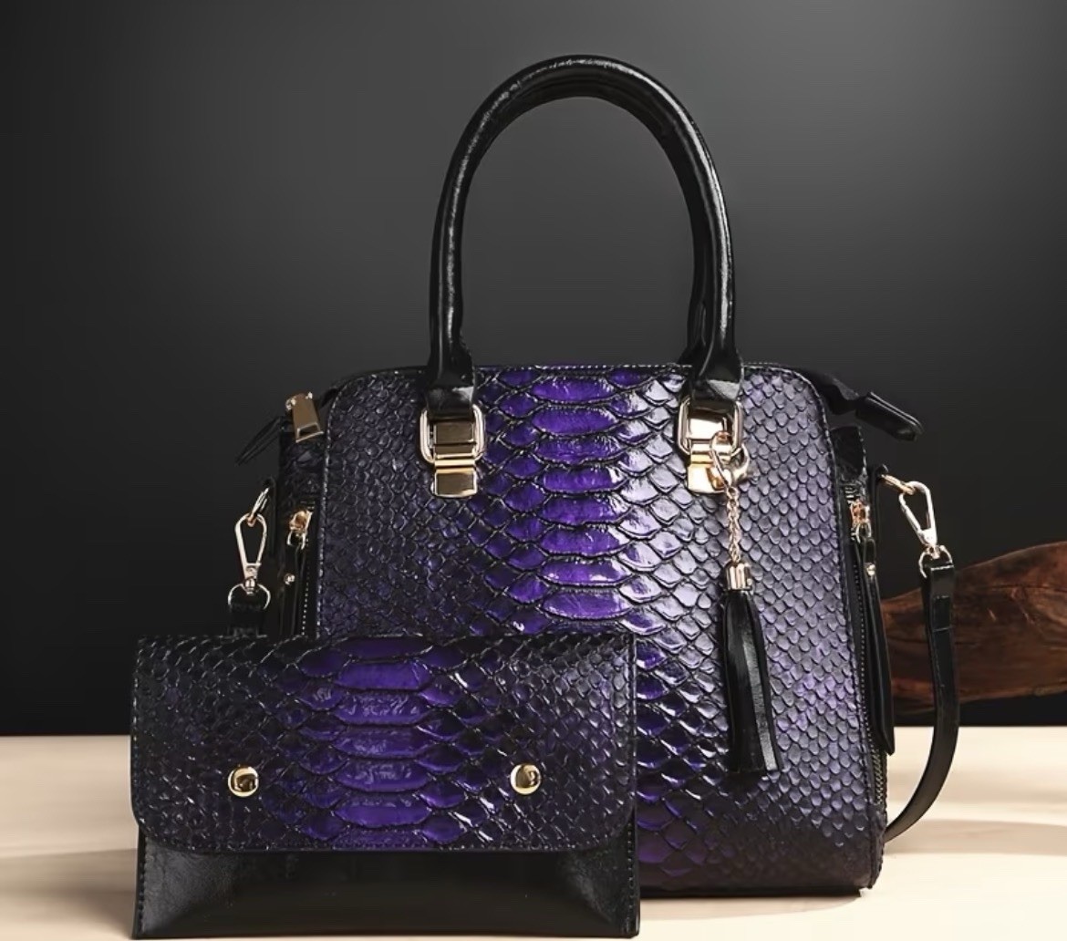 Snake Embossed Brown Satchel Top Handle Bag Zip, Tassel, Detachable Strap