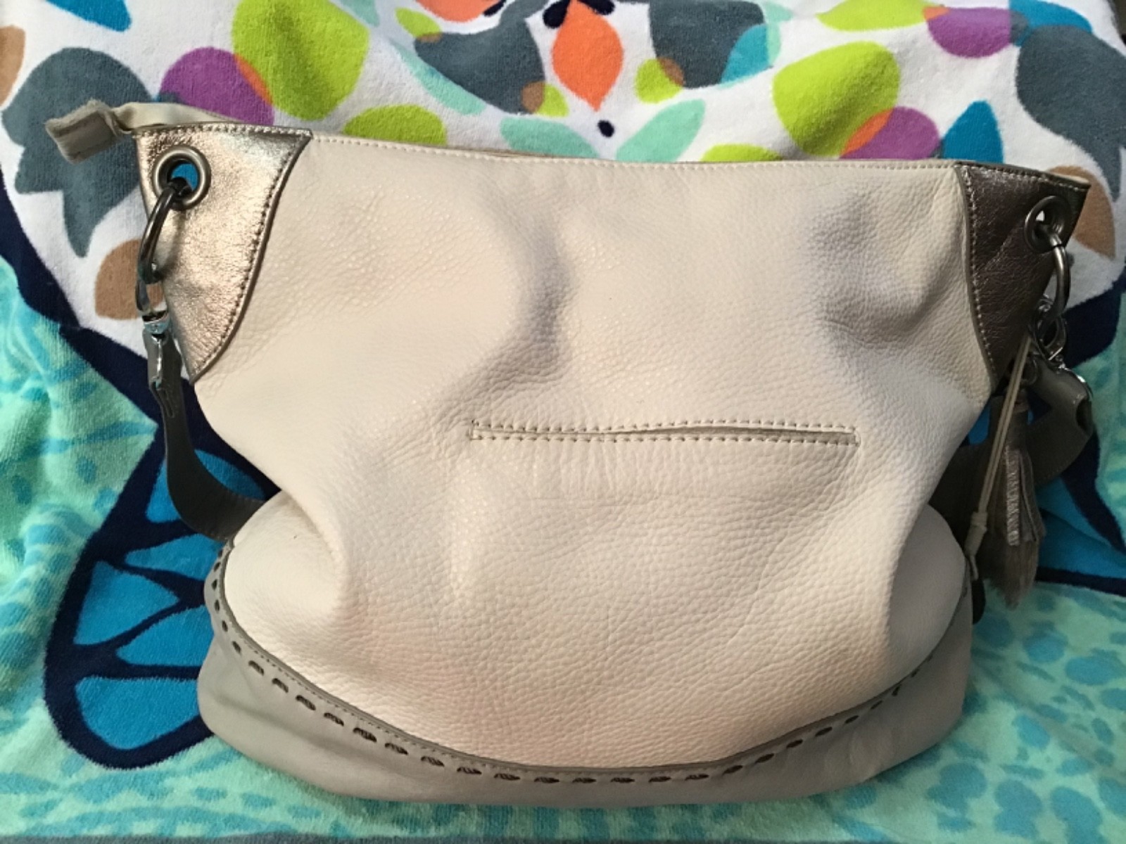 The Sak Gray, Bone & Metallic Leather Shoulder Bag or Crossbody – 14W x 11H x 4D