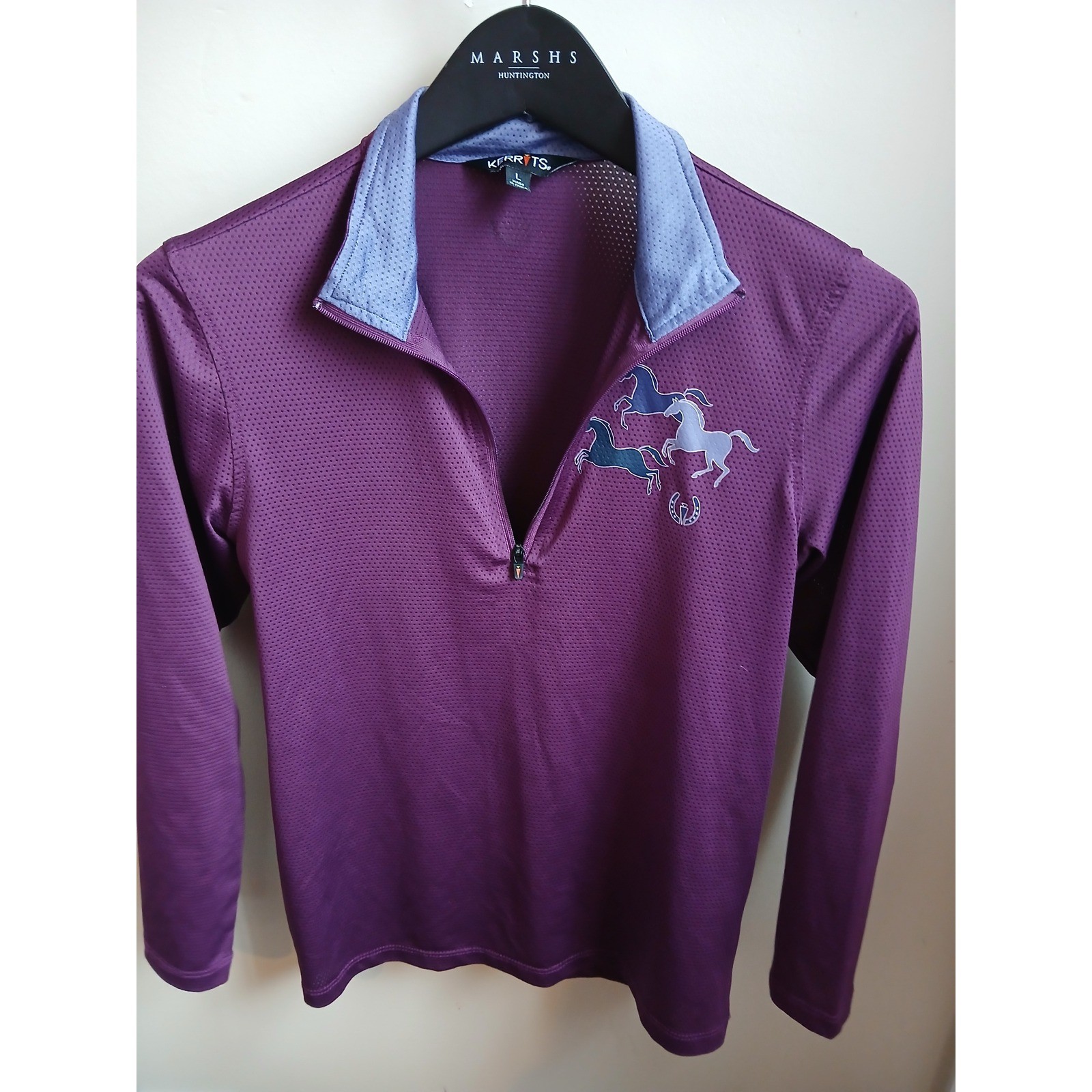 Kerrits Kids Purple Horse Print Quarter Zip Long Sleeve Riding Shirt Size L