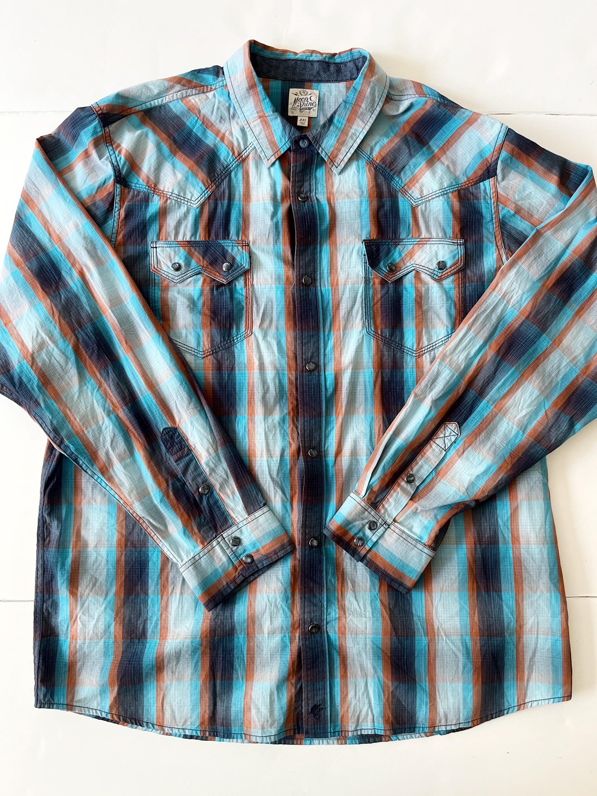 Moon Shine Spirit Shirt Men 2XL Blue Orange Plaid Western Long Sleeve Pearl Snap