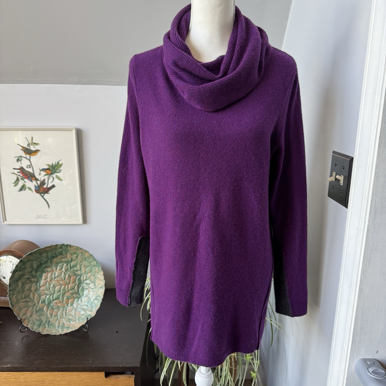 White + Warren Purple Cashmere Sweater Cowl Neck Size Large Long Tunic Luxe