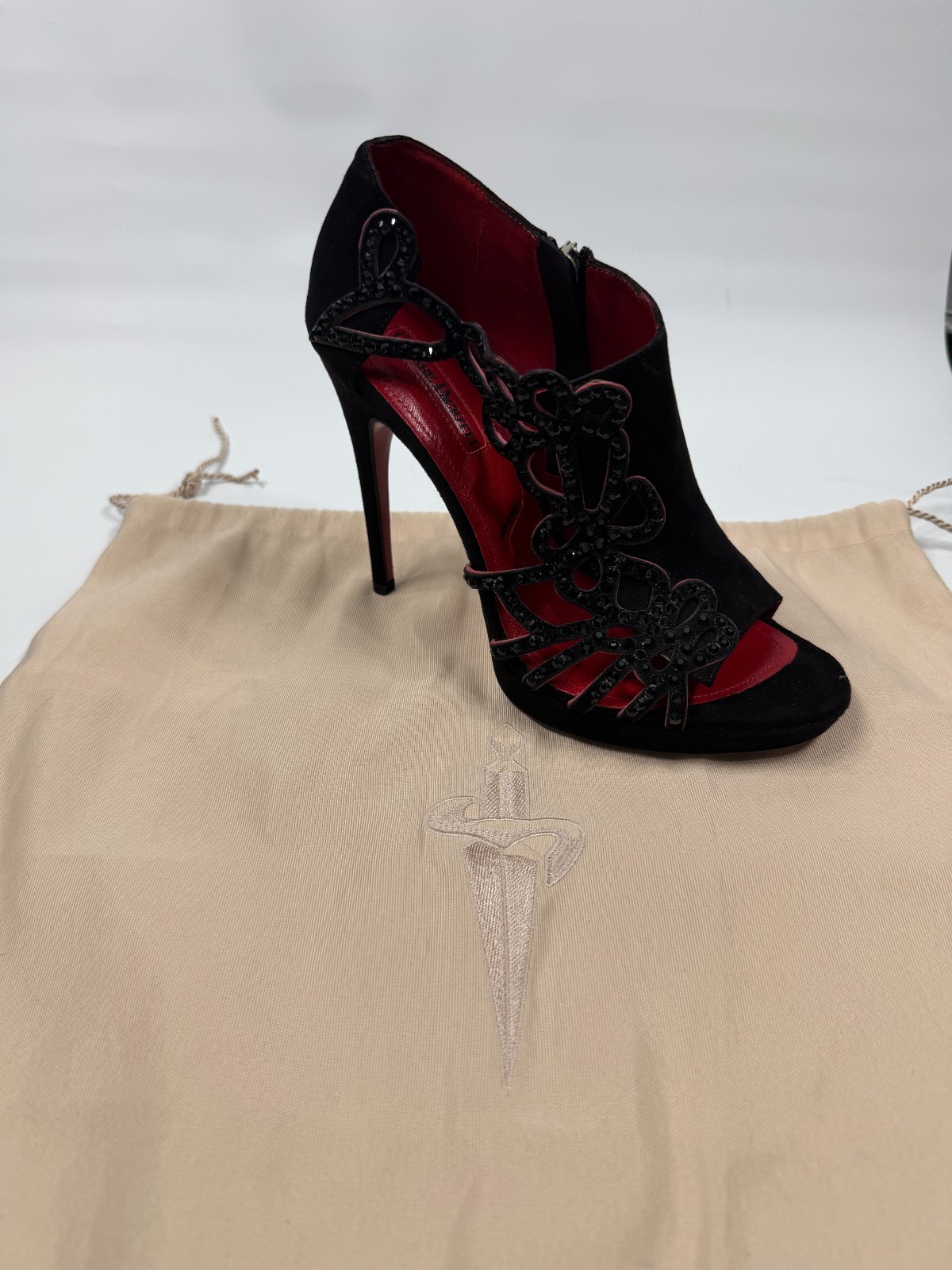 Cesare Paciotti Crystals Peep Toe Ankle Booties Black Suede Shoes Sandals 37