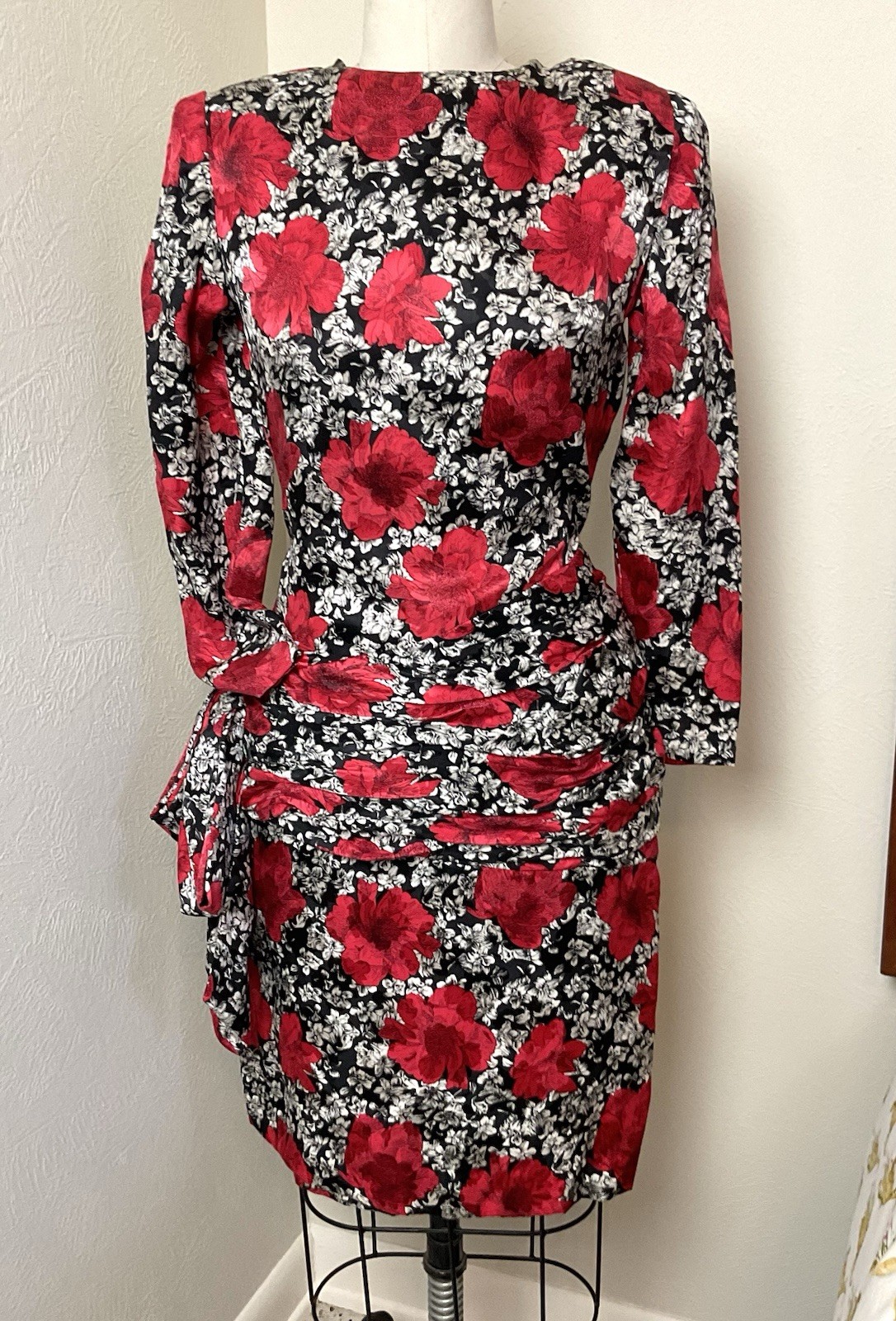 Vtg 80s 90s Sexy 100% Silk Jacquard Floral Print Bow Dress Dallas Dynasty Size 6