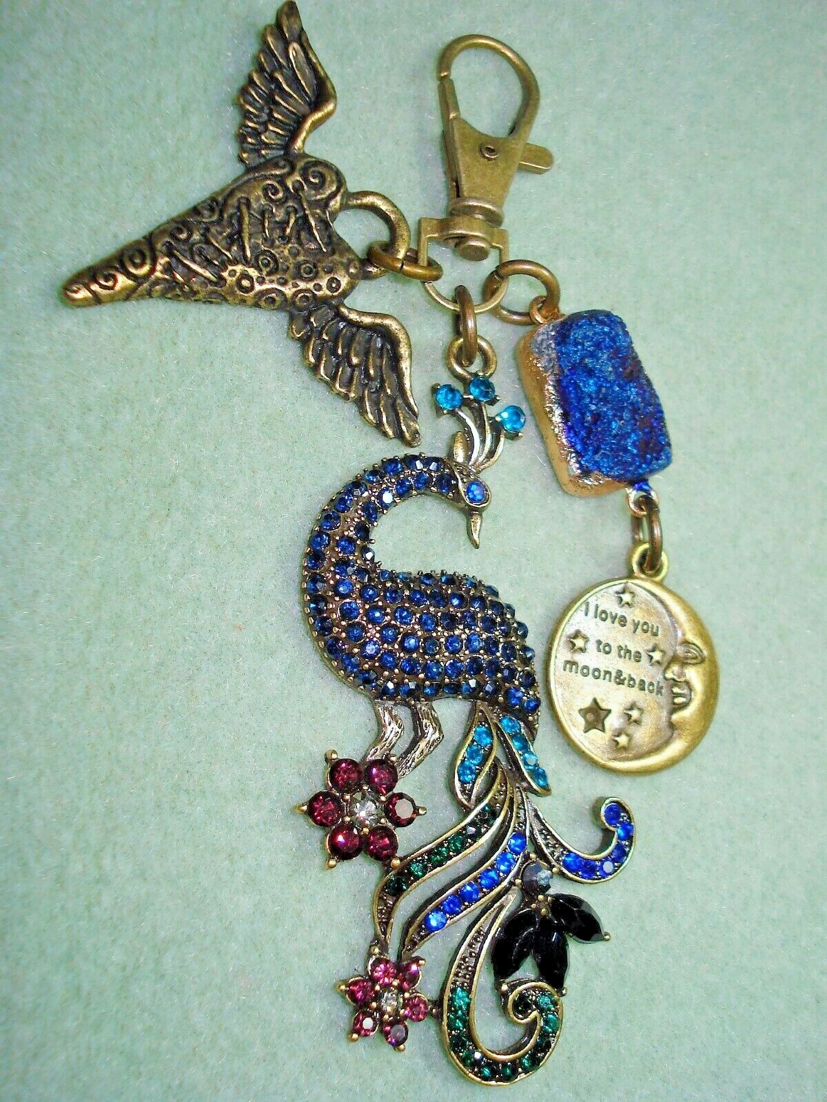 4 3/4″ Drop Royal Blue Peacock, Druzy, Heart, “Love you to the Moon…” Dangle