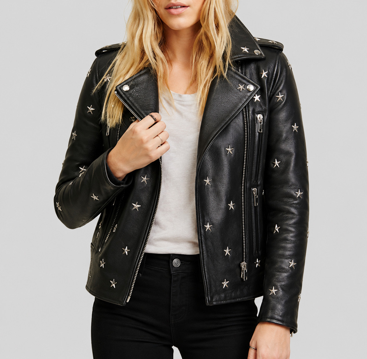Women Handmade Black Leather Biker Jacket – Star Studded Moto Punk Rock Zip Coat