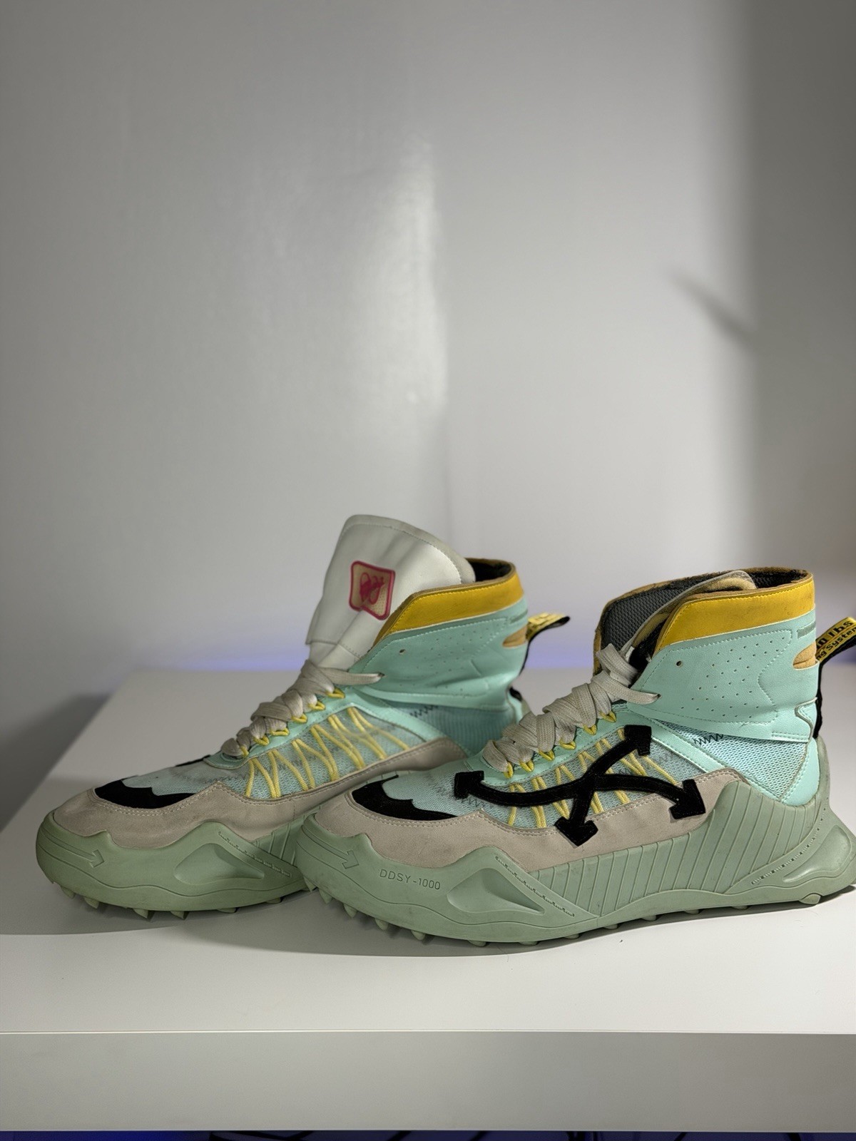 Off-White ODSY-1000 Men’s High Top Athletic Sneakers Lace Up Green Yellow