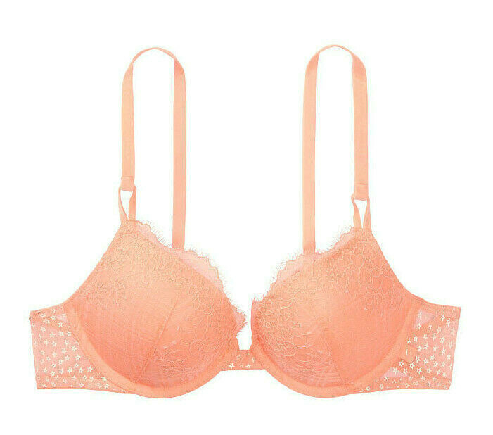 38D Peach LACE Mesh STAR Wings VELVET Strap Victorias Secret Plunge PU UW Bra