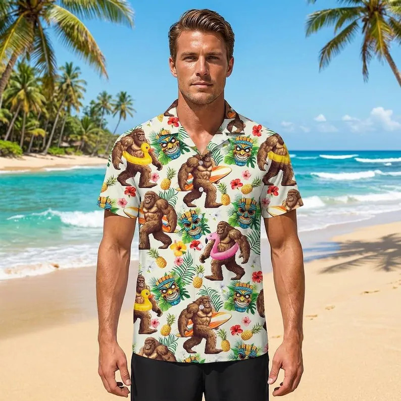 Bigfoot Hawaiian Shirt, Tiki Hawaii Shirt,Vacation Shirt, Beach Vacation Shirt