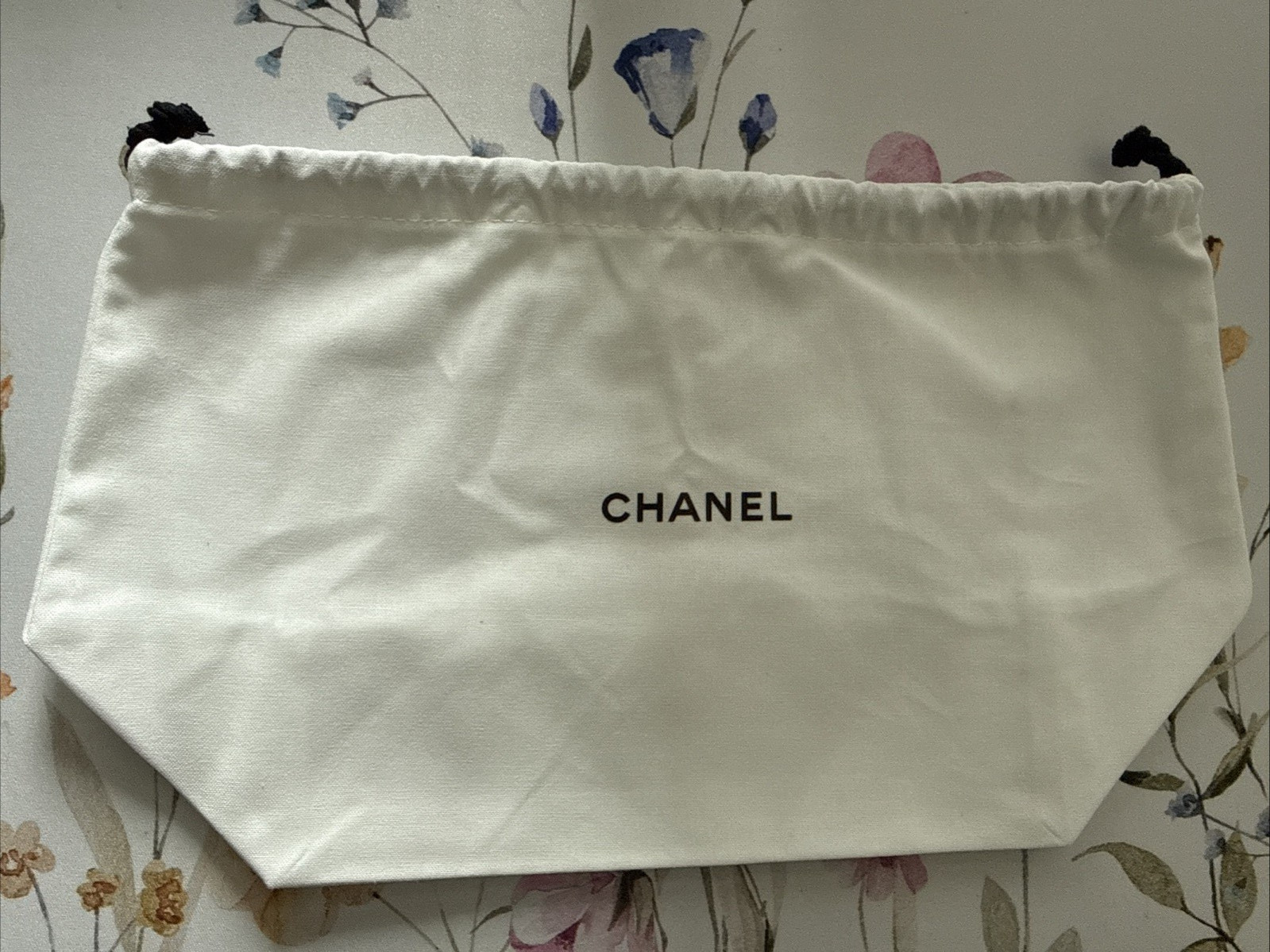 Chanel Dust Bag Storage Bag White Black Logo Drawstring Small Medium 12.75 x 7.5