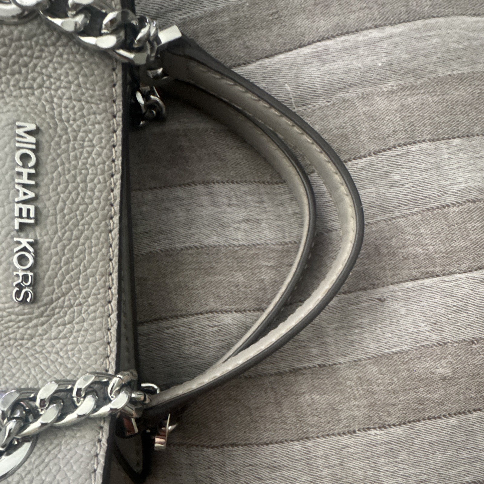 Michael Kors Gray Pebbled Satchel/Top Handle Bag, Zip, Silver Chain, Strap