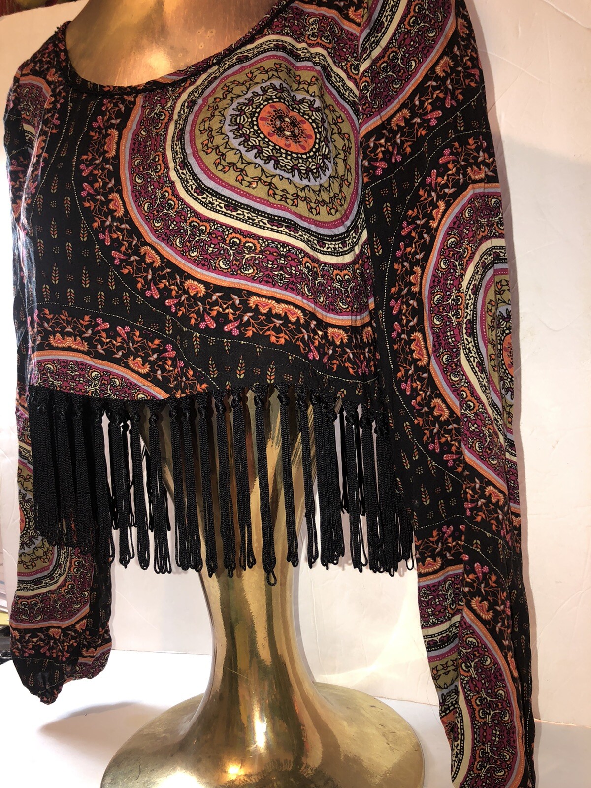 Gypsy Warrior Mandala Print Black Fringe Cropped Top Small Hippy Boho Festival