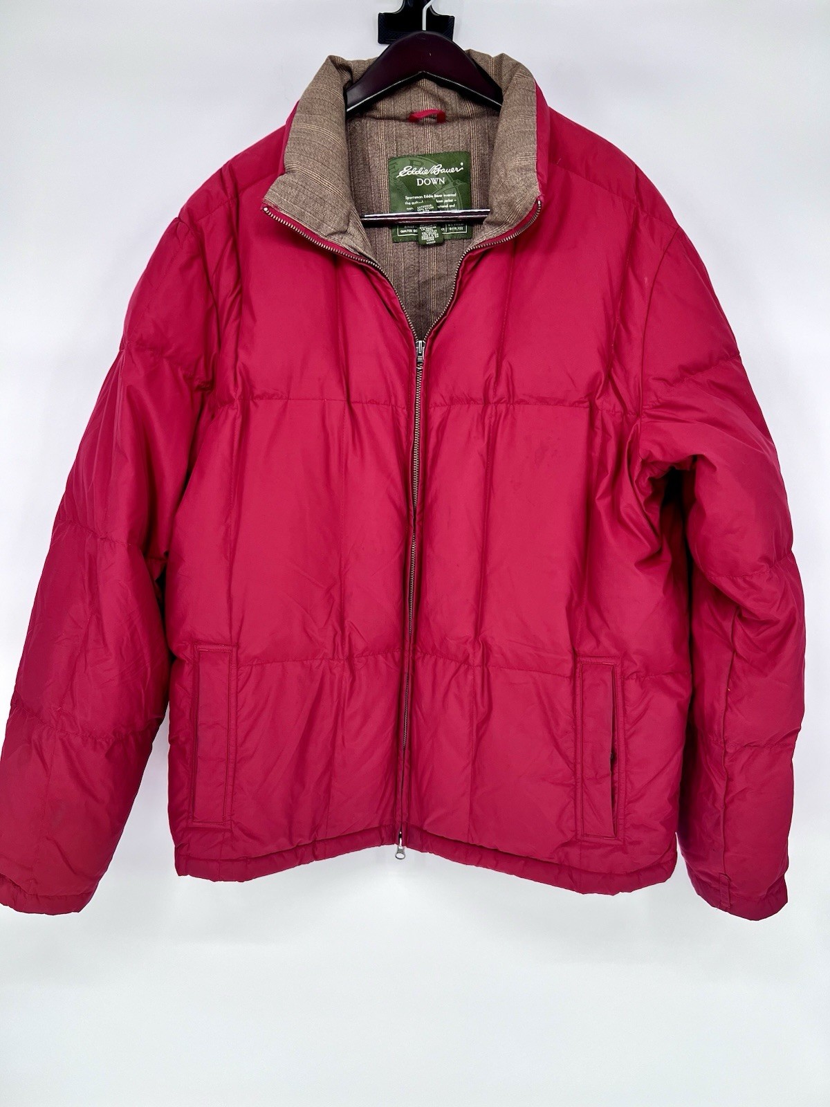 Eddie Bauer Goose Down Puffer Jacket XL Tall Red Quilted Full Zip Mens Outdoor
