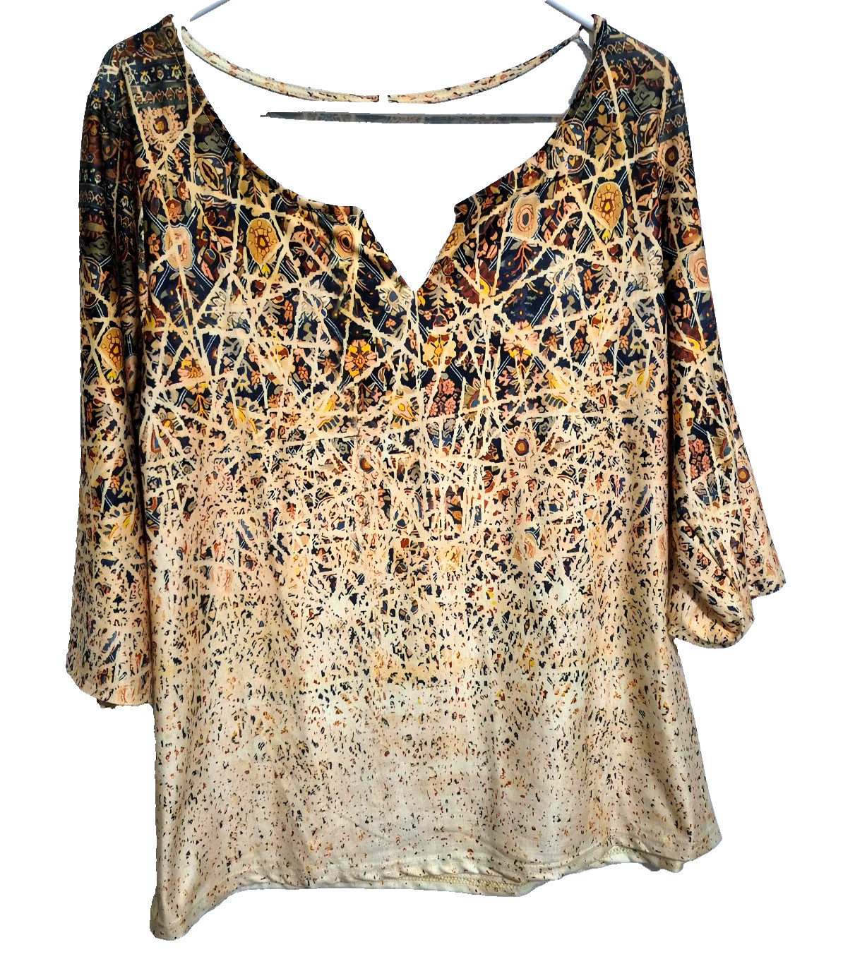Womens Tunic Top 3/4 Sleeve 1X Gold Tan Orange Geometric Print V-neck Shirt NEW