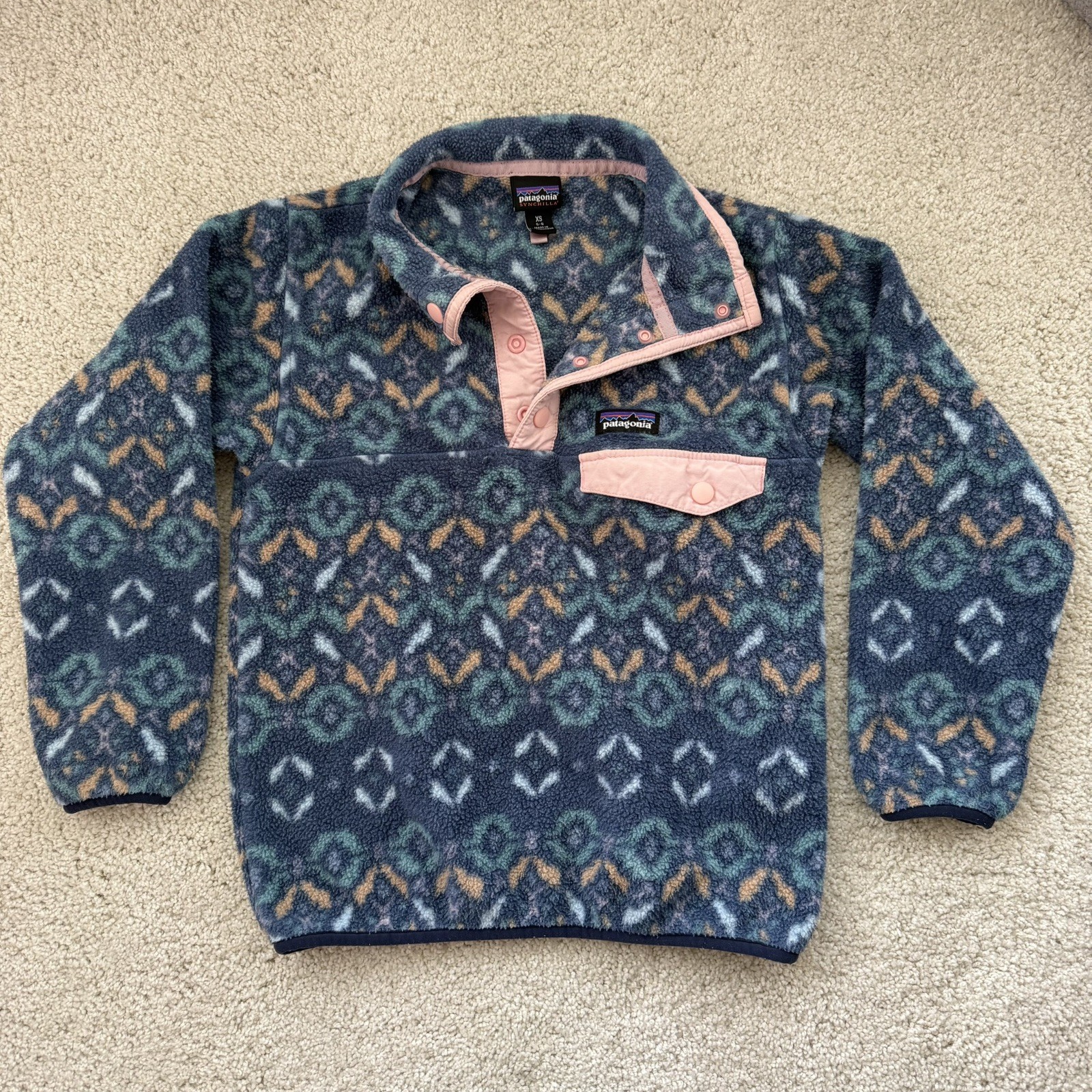 Patagonia Jacket Kids XS 5-6 Blue Fleece Synchilla Snap-T Pullover Geometric