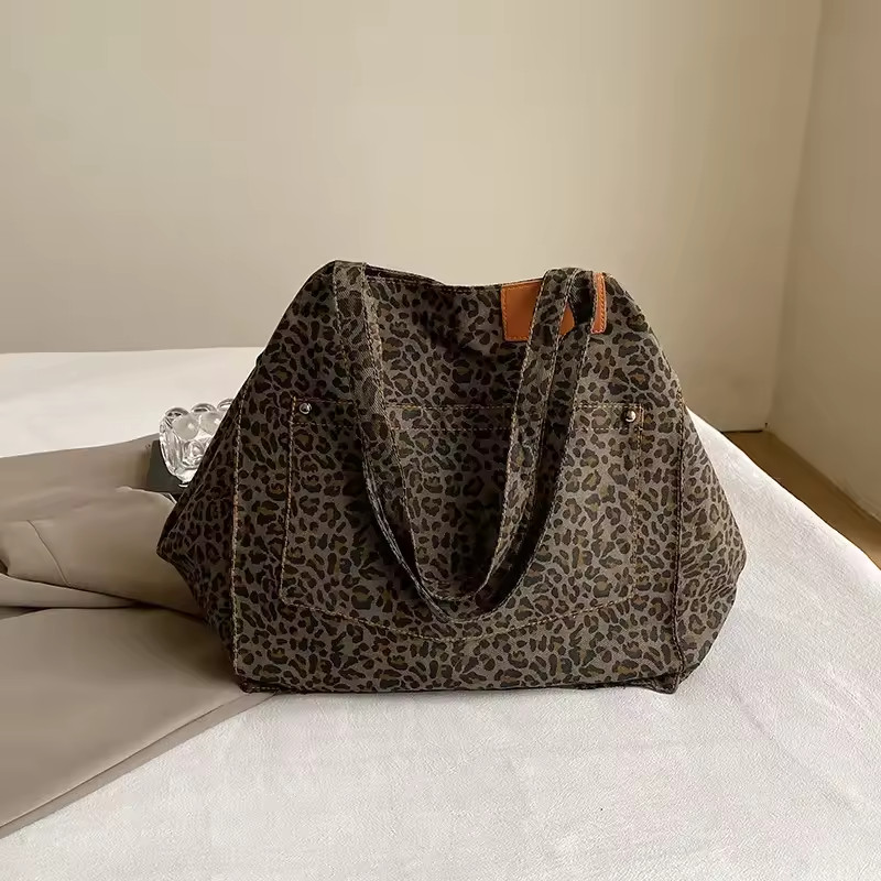 Vinatge Leopard Print Tote Bag Womens Large Canvas Shoulder Handbag Work Casual