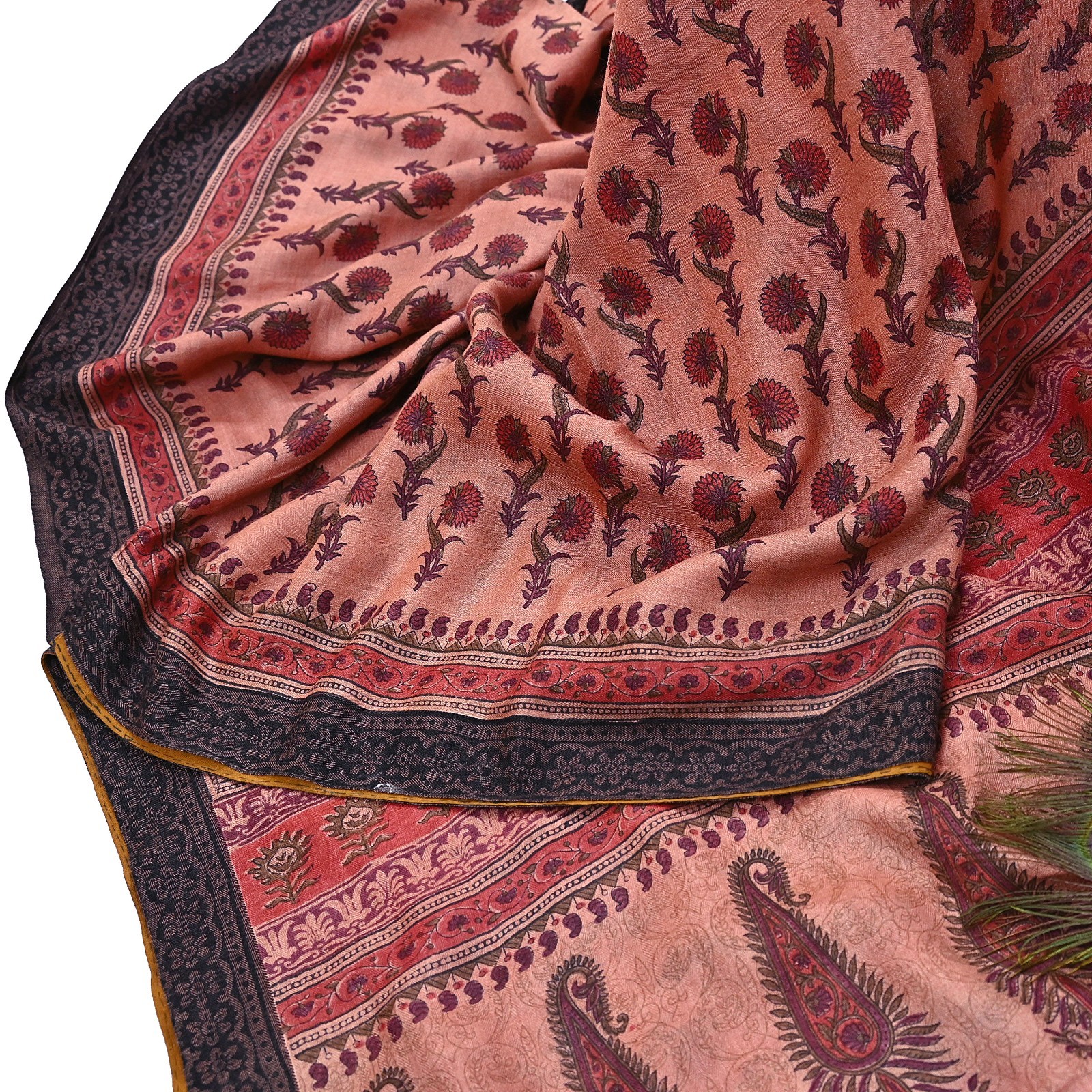 Vintage Peach Wool Saree Indian Pure Woolen Woven Floral Fabric 6Yard Soft Warm