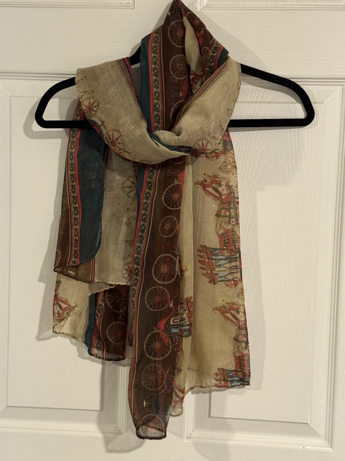 Vintage Linen Carriage Print Scarf 29.5 In X 62 In Brown Gold Green EUC