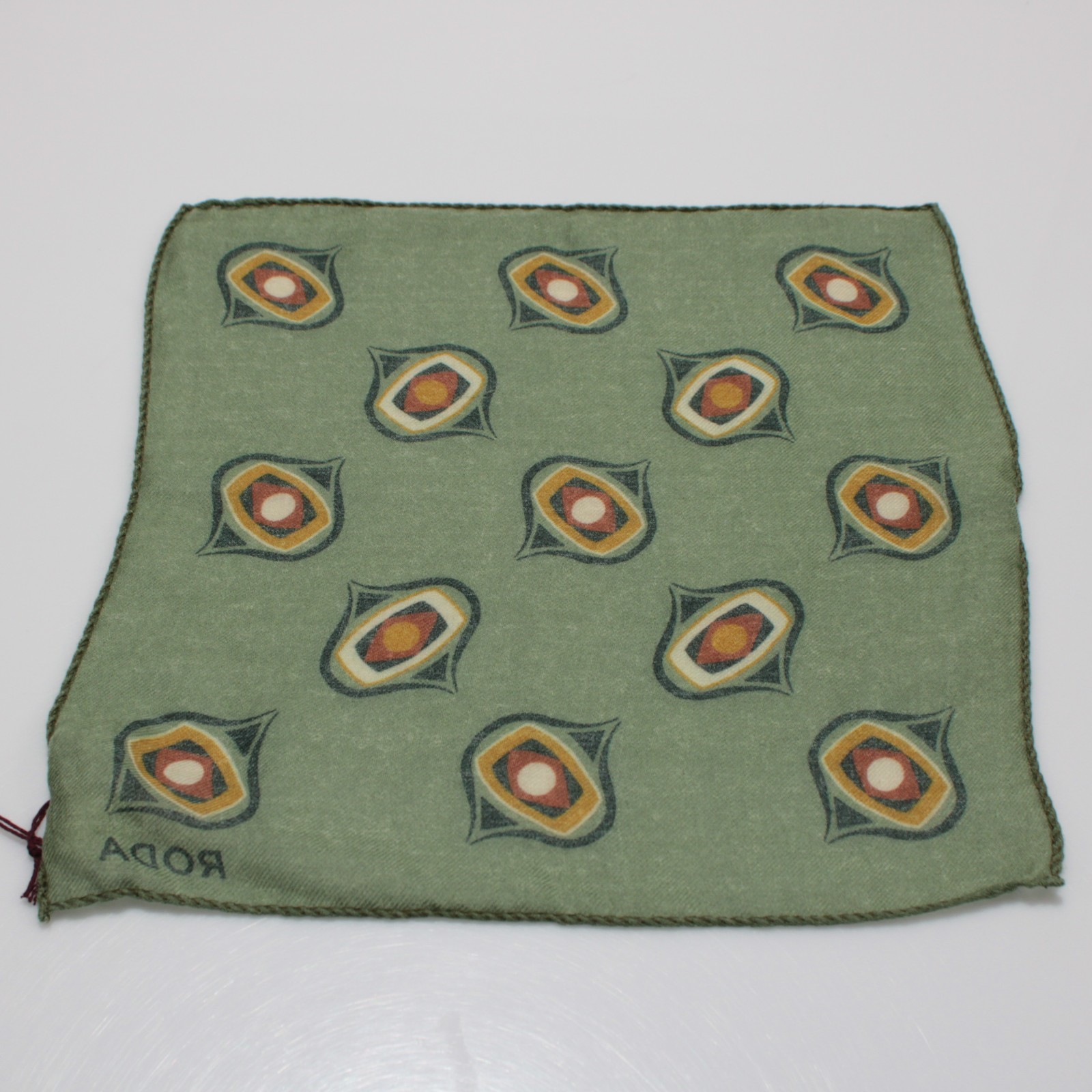 Roda NWT 100% Wool Pocket Square In Green w/ Black, Brown & Yellow Geometric
