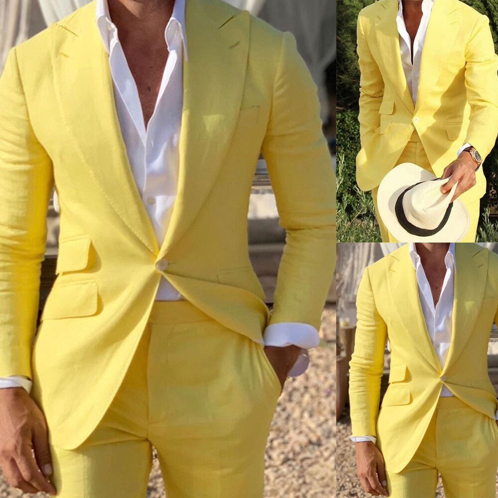 Yellow Linen Men’s Suit Jacket Pants Wide Peak Lapel Wedding Groom Wear Blazer