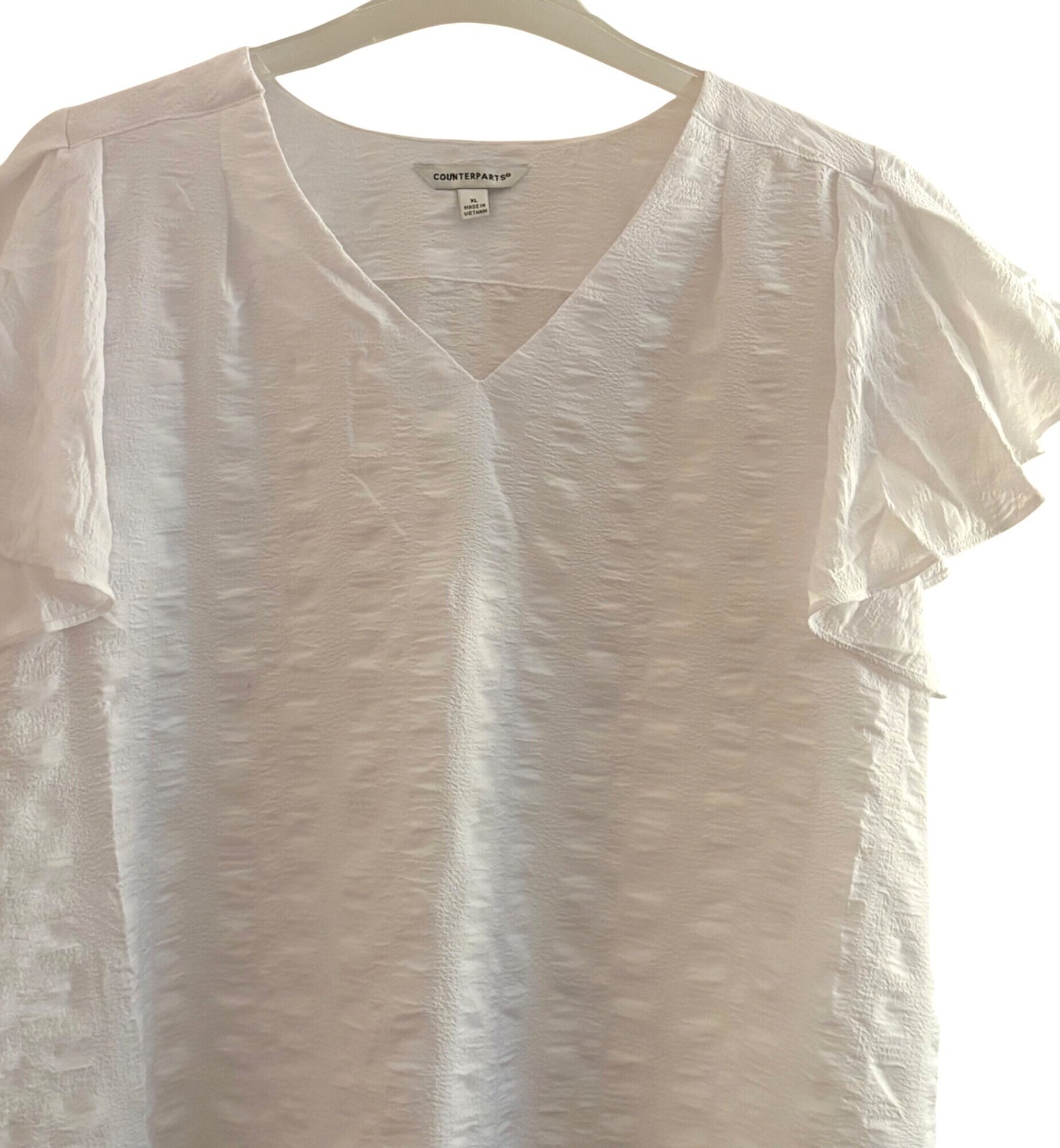 Counterparts White Textured V-Neck Top Blouse Flutter Sleeves XL Peasant Beach