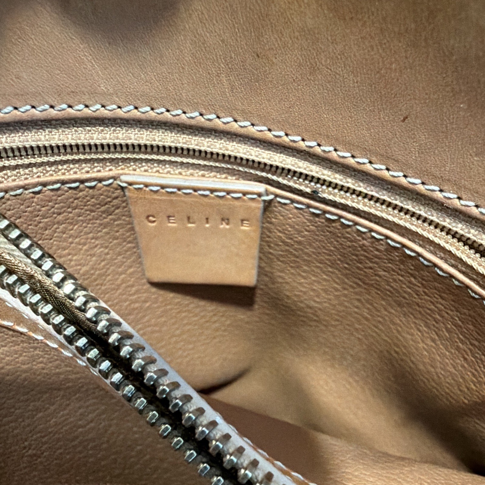 CELINE Brown Monogram Tote Bag Zip Closure Logo Stripe Inner Pockets Top Handle
