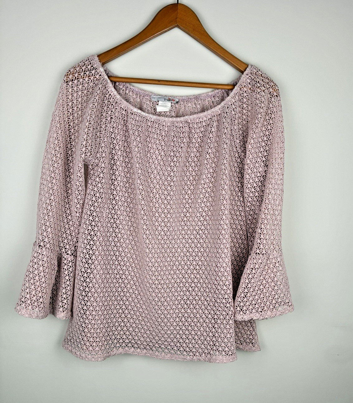 Boho Crochet Knit Top Rose/Mauve Bell Sleeve Scoop Coquette Y2K Romantic Size M